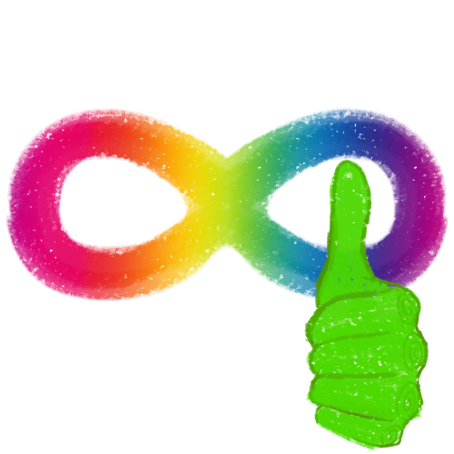 a rainbow infinity symbol with a green thumbs up next to it.